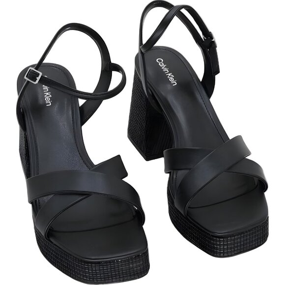 Calvin Klein Drancy platform block heel strappy sandals black US 8.5M - Picture 1 of 6